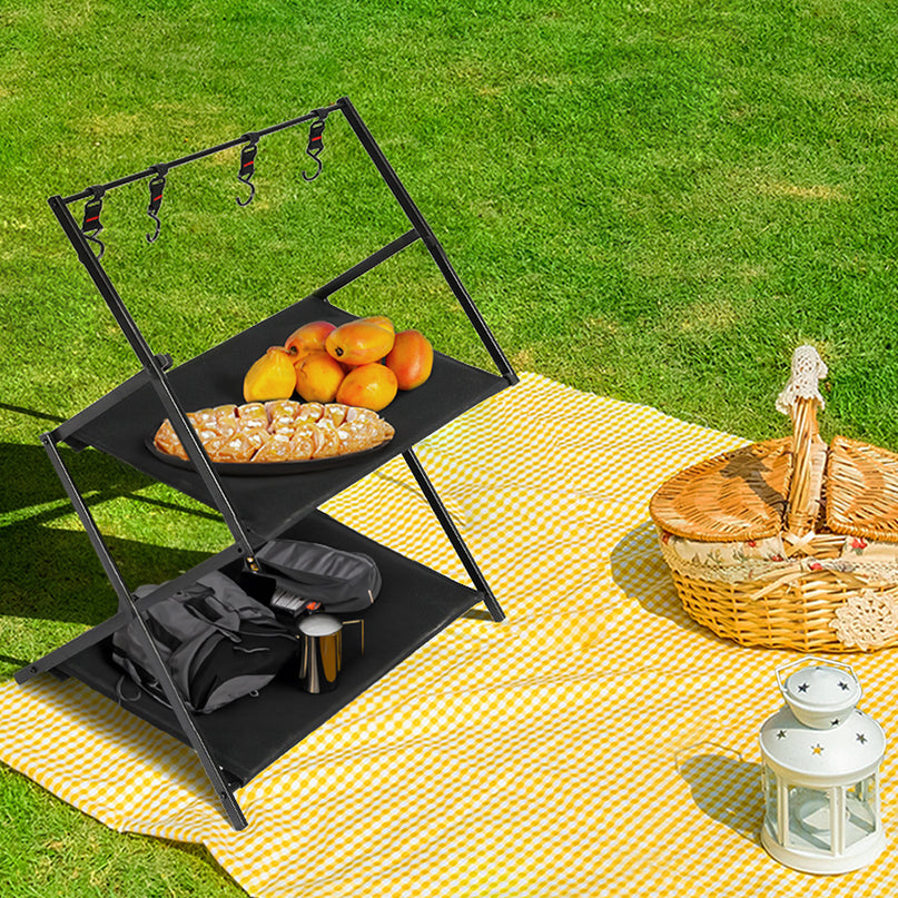 Levede Foldable Camping Storage Shelves 2 Layer with Hooks Black