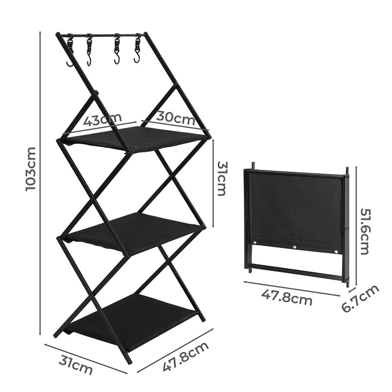 Levede Foldable Camping Storage Shelves 3 Layer with Hooks Black